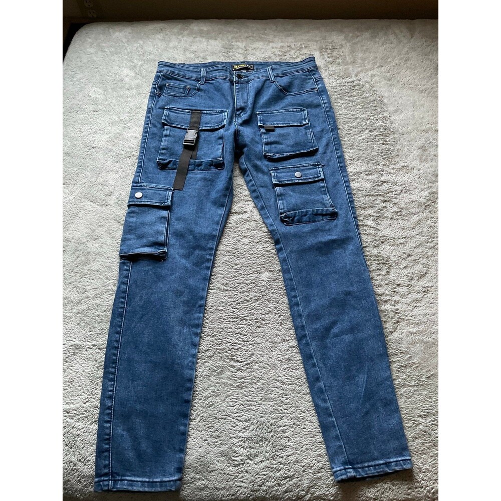 OUFREY Men’s 36 XL Light  Wash Denim Jeans Buffalo Patch Cargo Pants Street skin